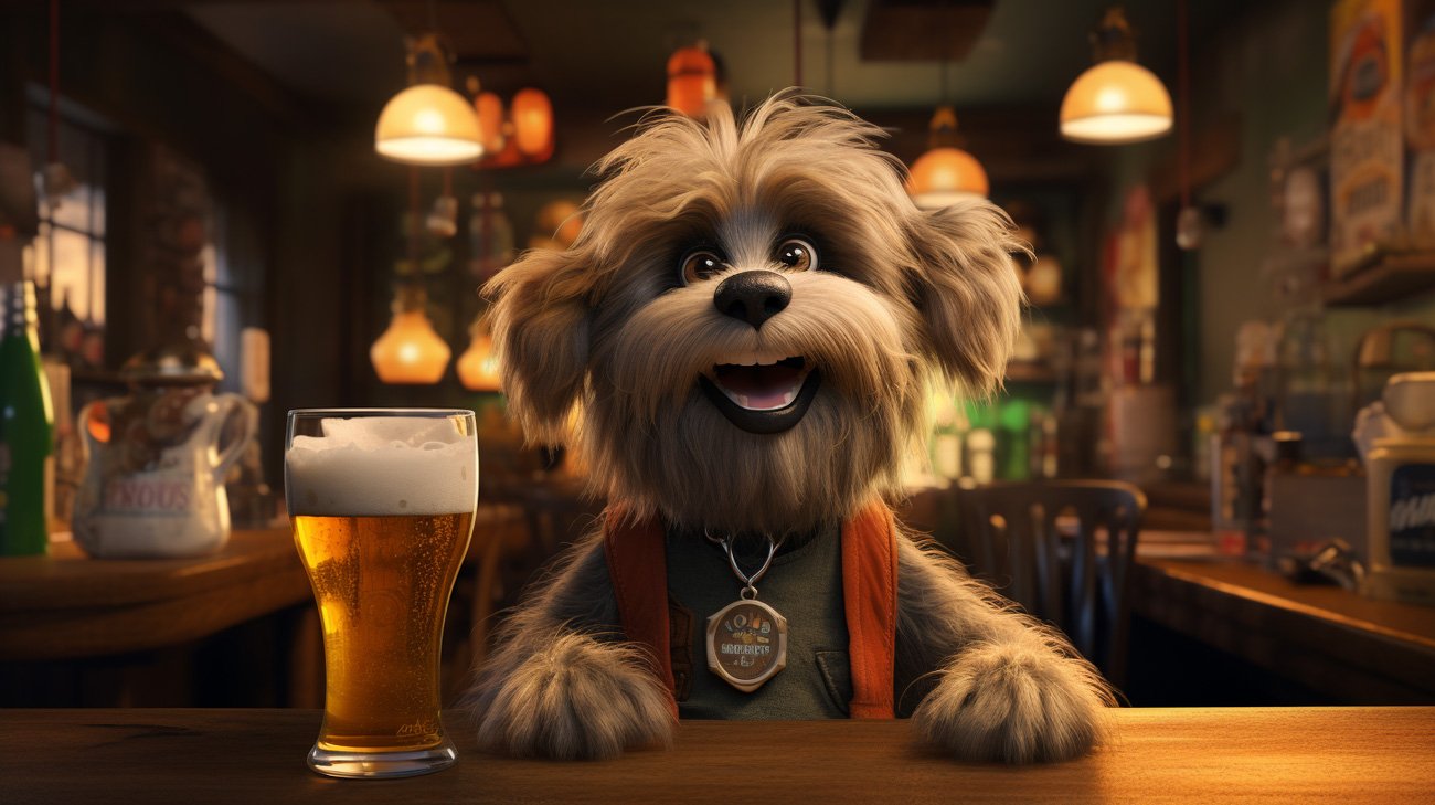 Un chien au bar avec une bière. Image créée avec Midjourney